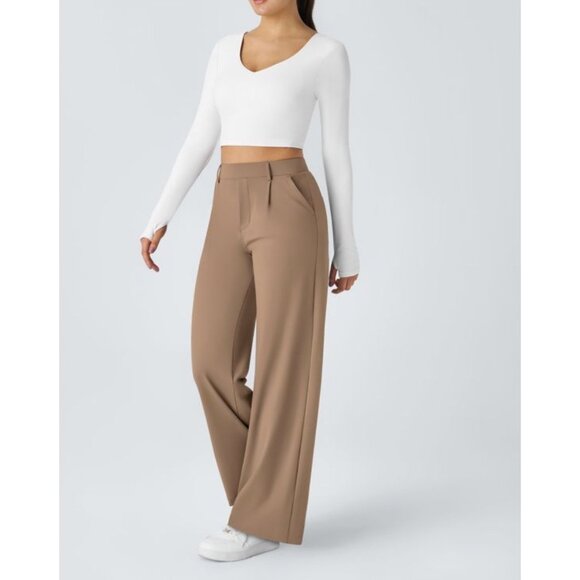 Halara High Waisted Plicated Side Pocket Straight Leg Work Pants Sz Small Beige - Picture 9 of 10